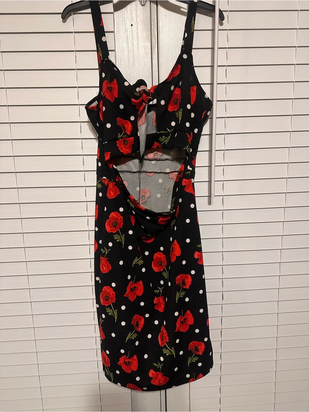 Black Floral & Polka Dot Cutout Sundress with Red Poppies